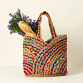 Repurposed Sari Carry-All Bag Handwoven Jute Tote