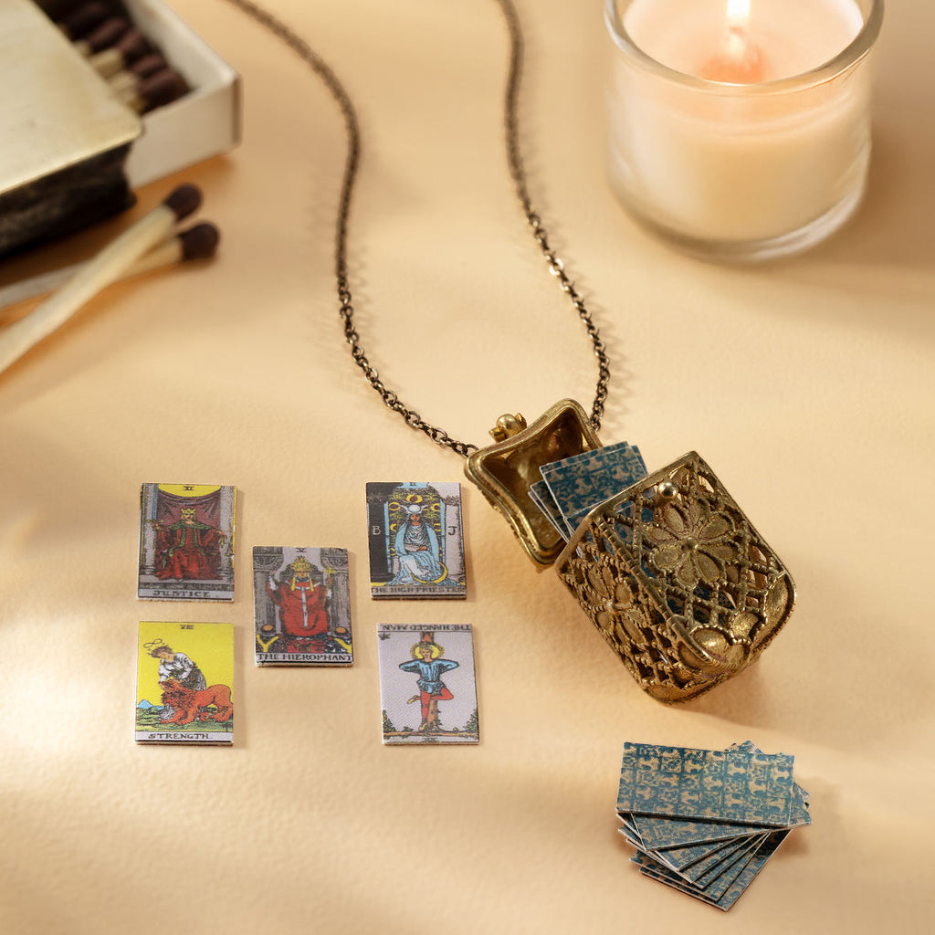 Tiny Tarot Deck Necklace Brass Pendant 30in Chain