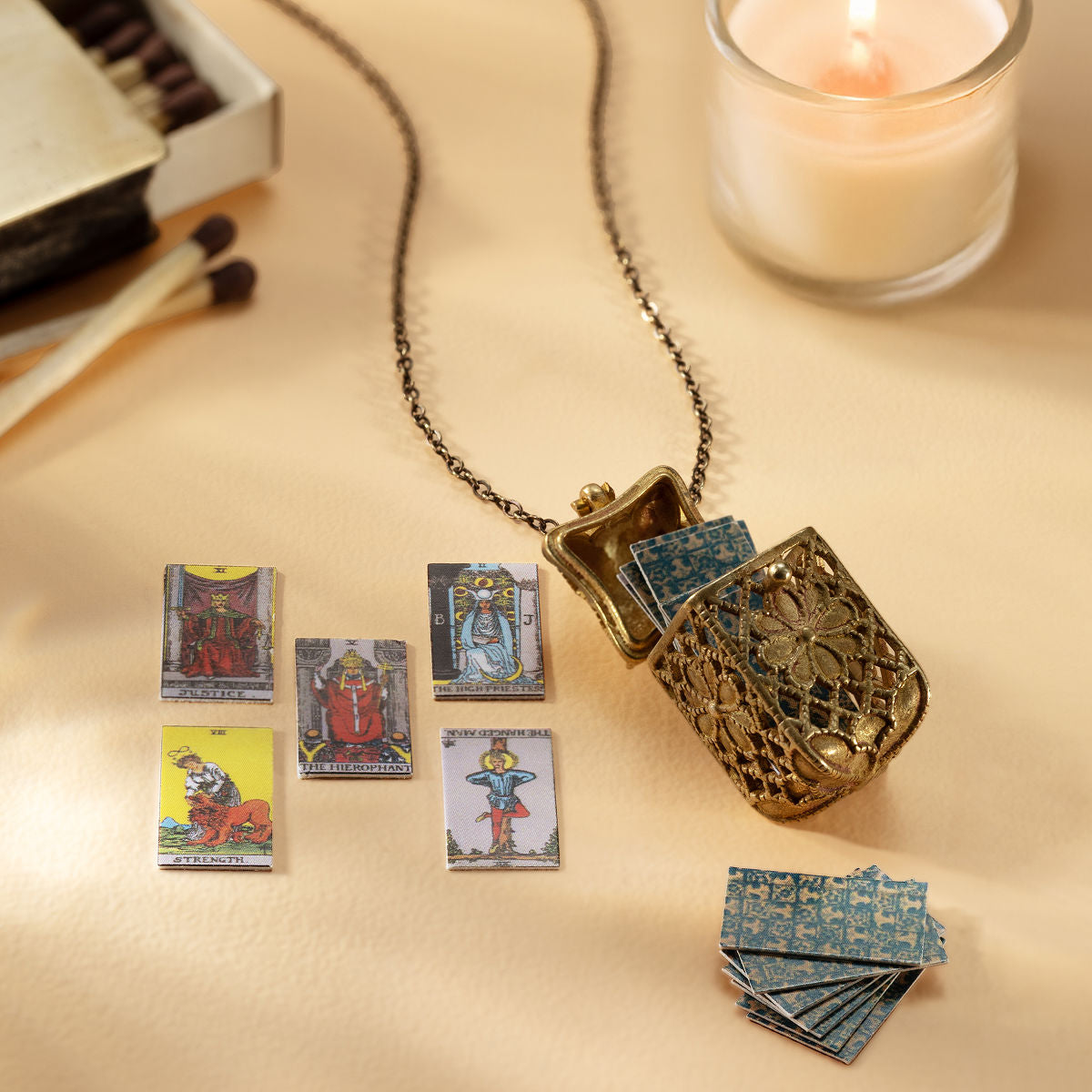 Tiny Tarot Deck Necklace Brass Pendant 30in Chain